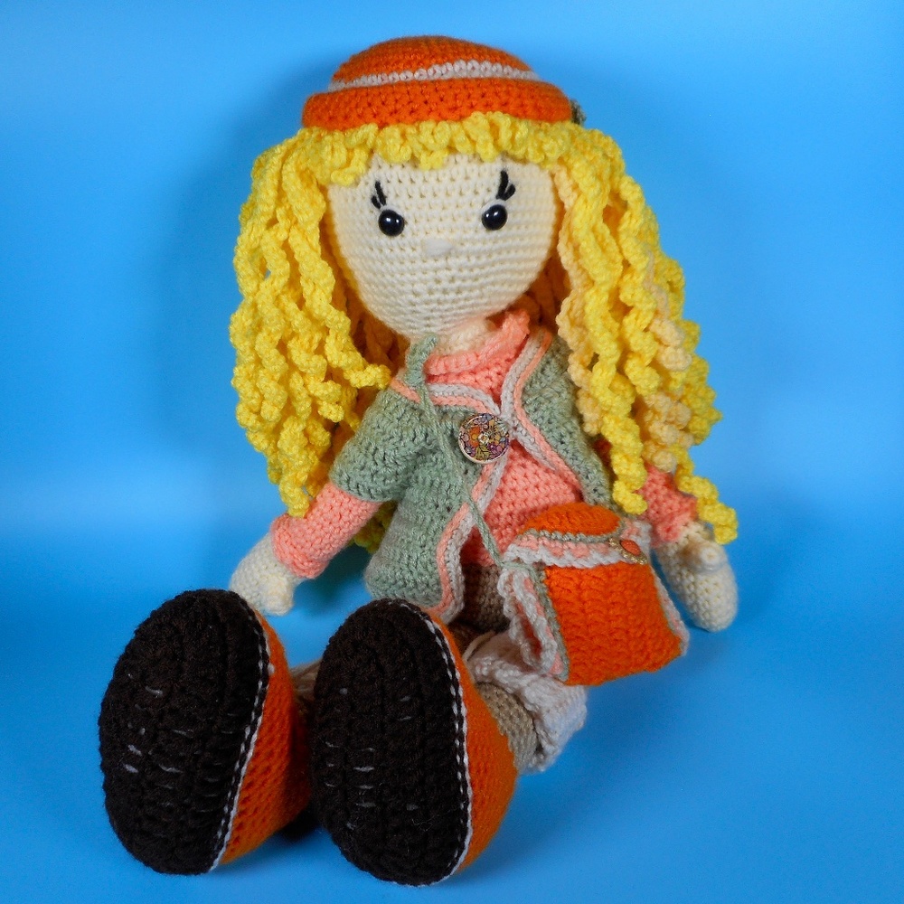 Handmade Cute Amigurumi 24" Tall Yarn Crochet School Girl Doll Curly Hair Large